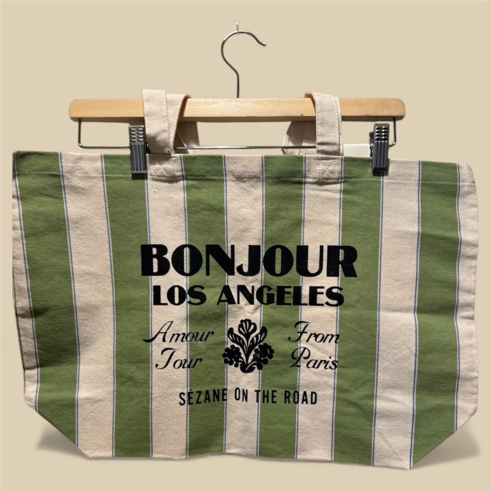 Sézane Bonjour Los Angeles Green Striped Tote Bag - New - Picture 7 of 12